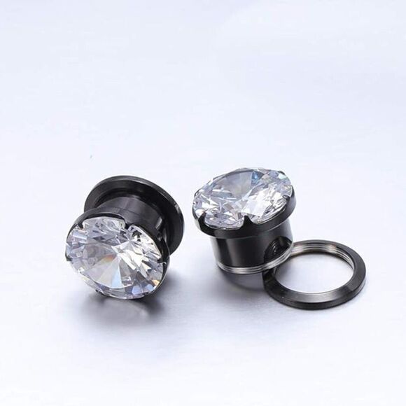 6mm Black Cubic Zirconia Stainless Steel Ear Plugs - Picture 1 of 5